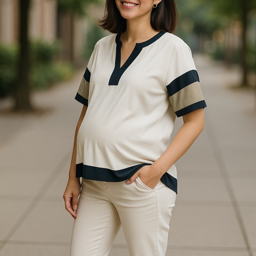 APITP color-block split neck maternity blouse top